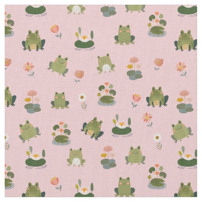 Frogs & Lily Pads on Light Pink Fabric (Close Up)