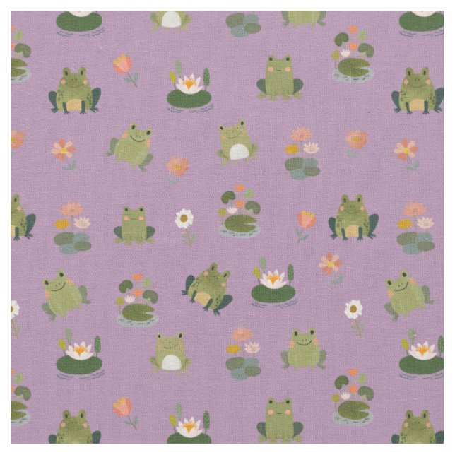 Frogs & Lily Pads on Light Purple Fabric (Close Up)