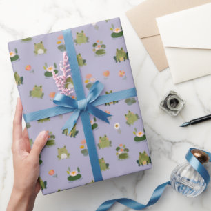 Frogs & Lily Pads on Pale Gray-Purple Wrapping Paper