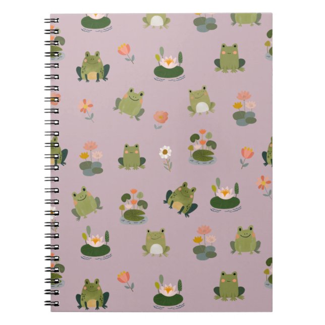Frogs & Lily Pads on Pastel Gray-Pink Notebook (Front)