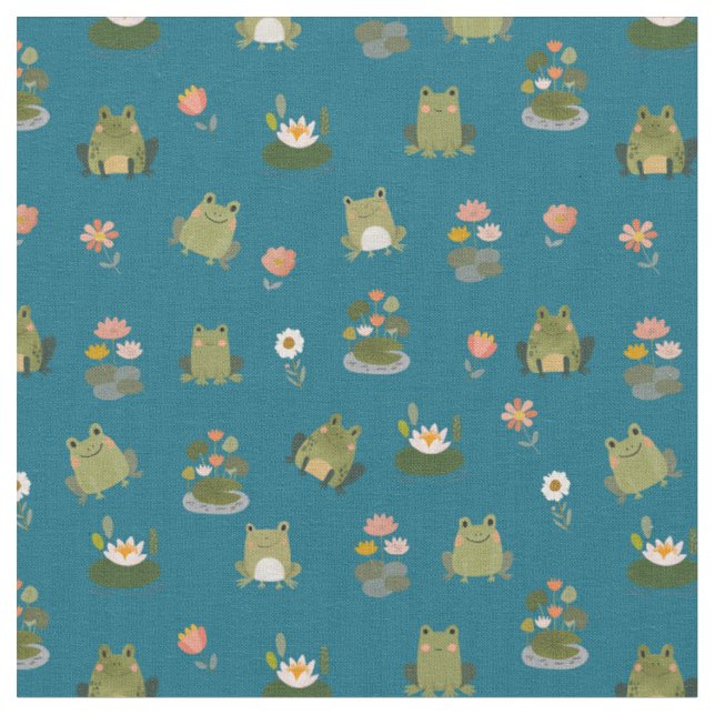 Frogs & Lily Pads on Teal Fabric (Close Up)