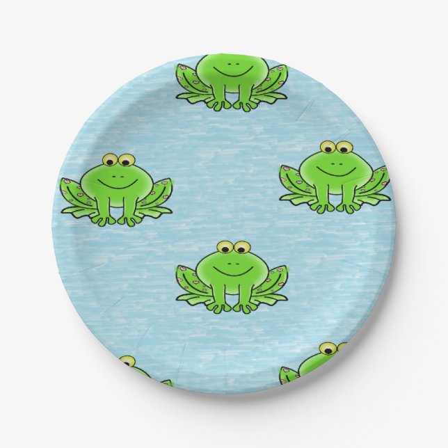 frogs on blue water paper plate (Front)