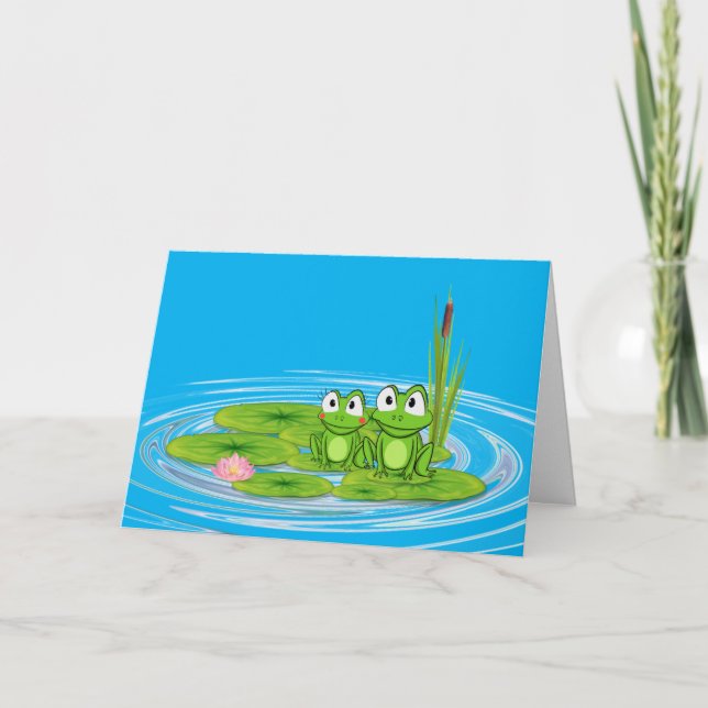 frogs on lily pad with cattail birthday card (Front)