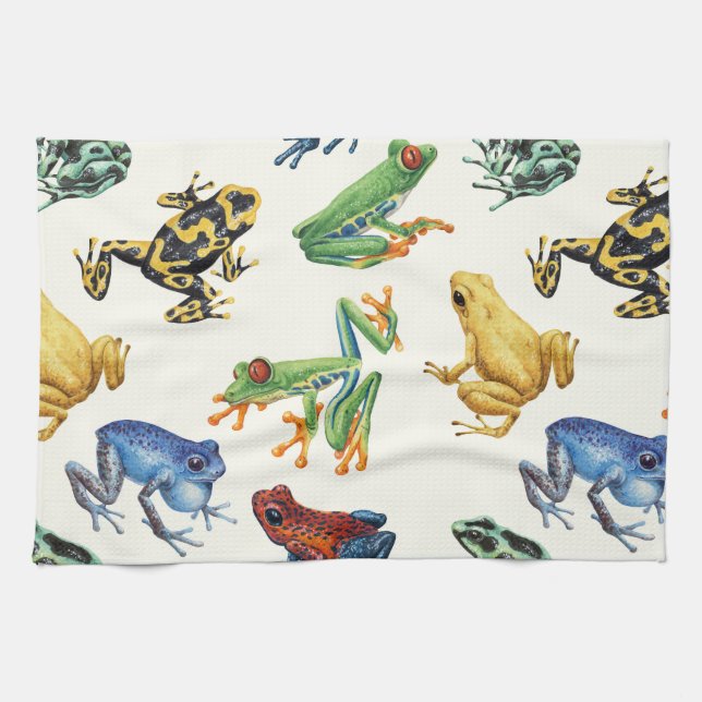 Frogs on natural white tea towel (Horizontal)