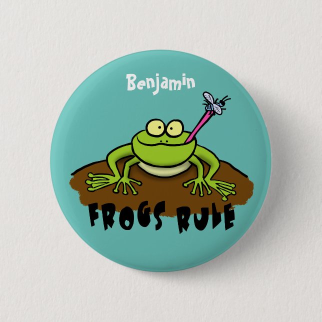 Frogs rule funny green frog cartoon 6 cm round badge (Front)