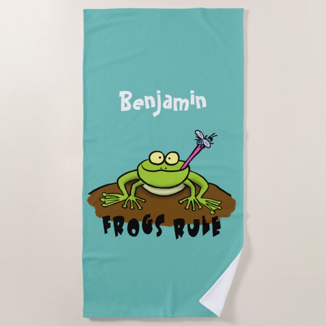 Frogs rule funny green frog cartoon beach towel (Front)