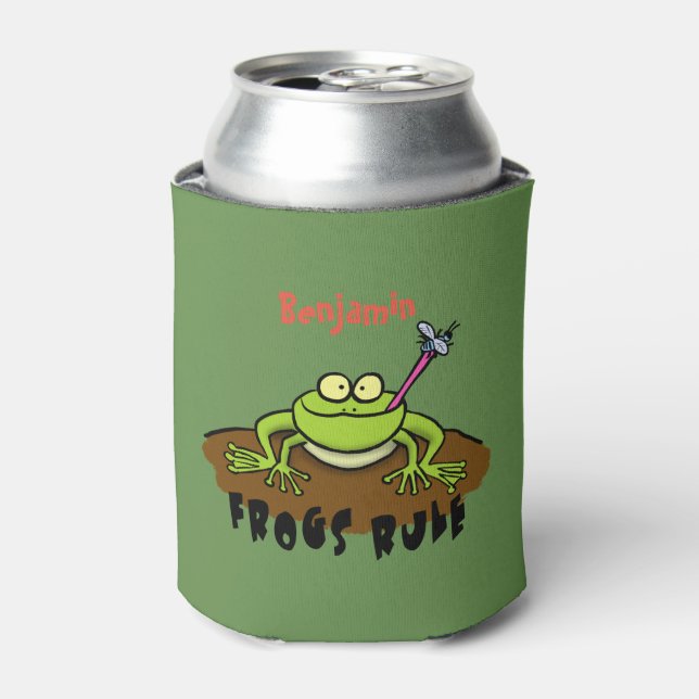 Frogs rule funny green frog cartoon can cooler (Can Front)