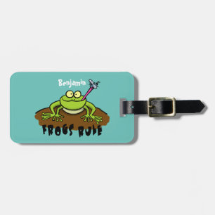 Frogs rule funny green frog cartoon luggage tag