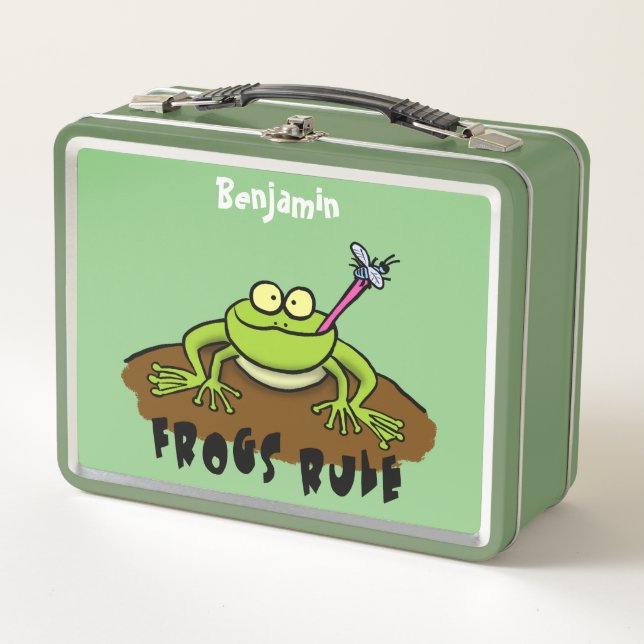 Frogs rule funny green frog cartoon metal lunch box (Front)