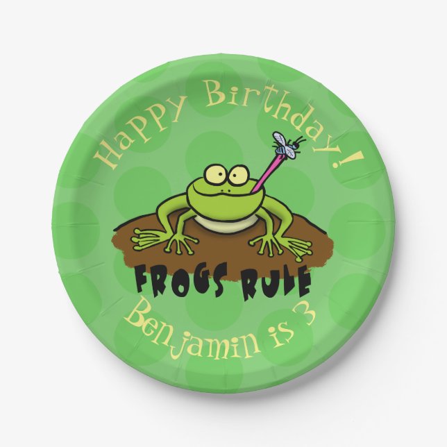 Frogs rule funny green frog cartoon paper plate (Front)