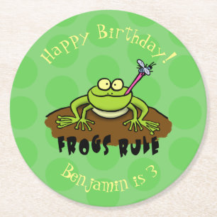 Frogs rule funny green frog cartoon round paper coaster
