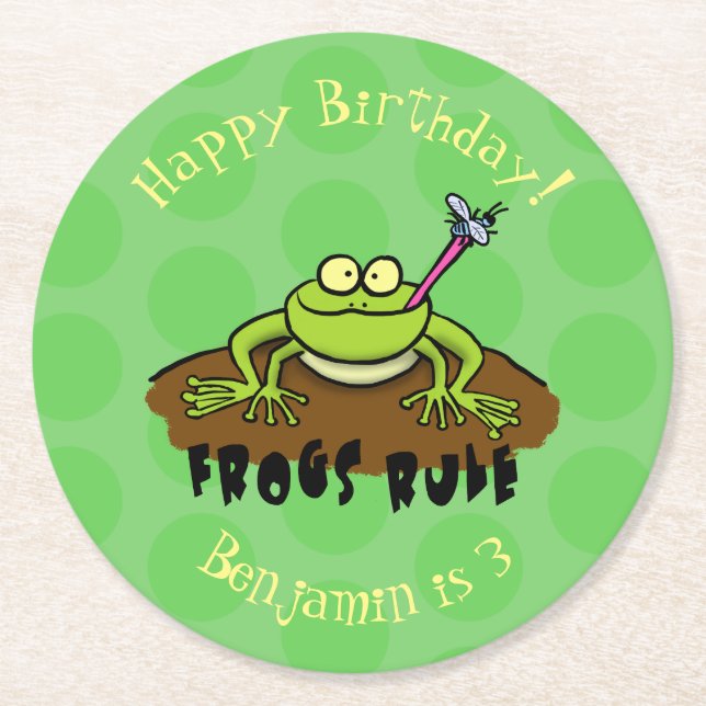 Frogs rule funny green frog cartoon round paper coaster (Front)