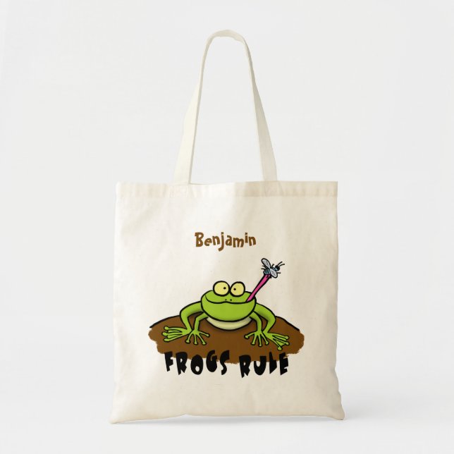 Frogs rule funny green frog cartoon tote bag (Front)