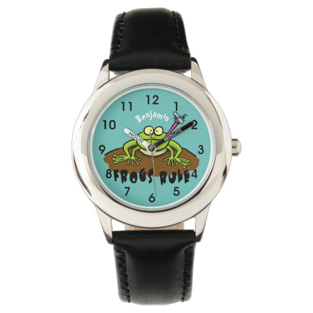 Frogs rule funny green frog cartoon watch (Front)