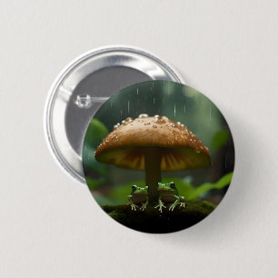 Frogs Sheltering Under Mushroom From Rain, 6 Cm Round Badge