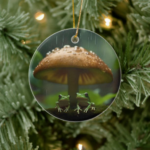 Frogs Sheltering Under Mushroom From Rain, Ceramic Tree Decoration