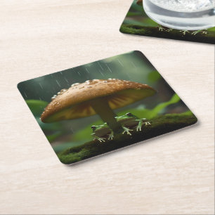 Frogs Sheltering Under Mushroom From Rain, Square Paper Coaster