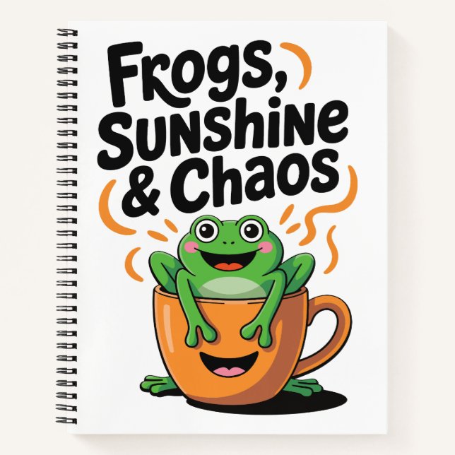 Frogs, Sunshine & Chaos – Cute Frog in Coffee Cup Notebook (Front)