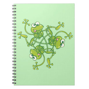 Frogs waving and having fun in a pattern design notebook