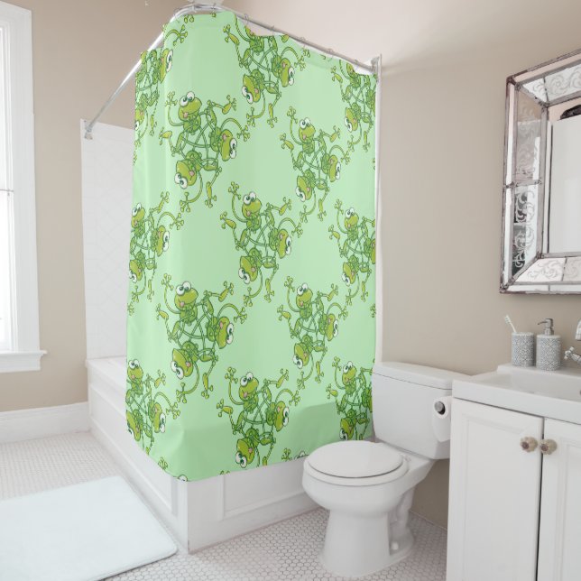 Frogs waving and having fun in a pattern design shower curtain (In Situ)