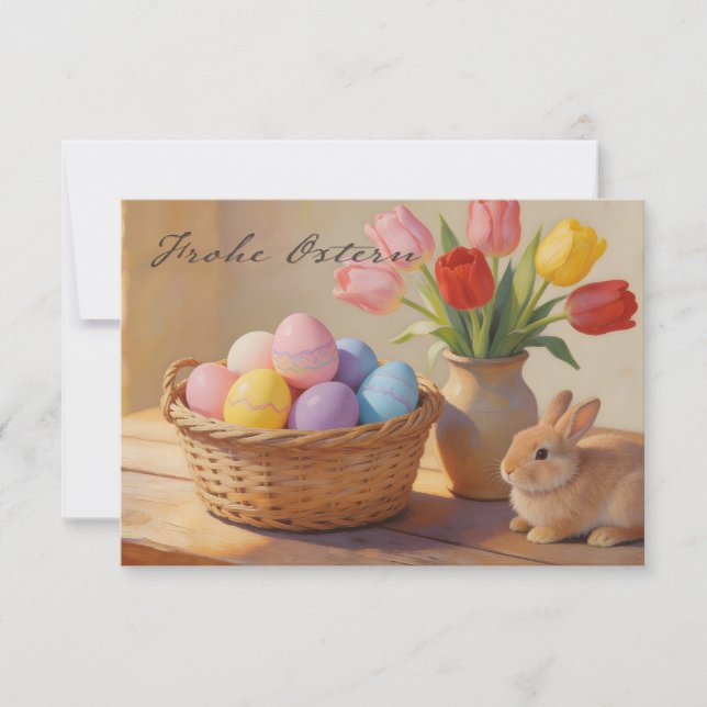 Frohe Ostern mit bunten Eiern und Tulpen (Front)