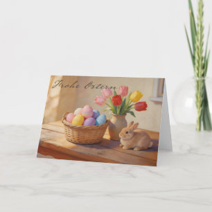 Frohe Ostern mit bunten Eiern und Tulpen Card
