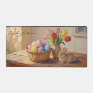 Frohe Ostern mit bunten Eiern und Tulpen Desk Mat