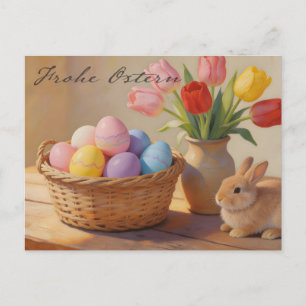 Frohe Ostern mit bunten Eiern und Tulpen Postcard
