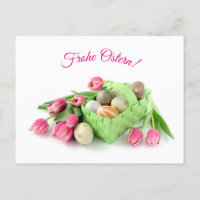 Frohe Ostern Postkarte mit Tulpen Ostereiern