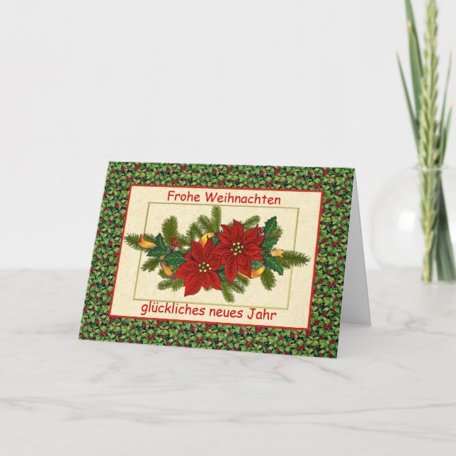 Frohe Weihnachten German Christmas - Poinsettia Holiday Card (Front)