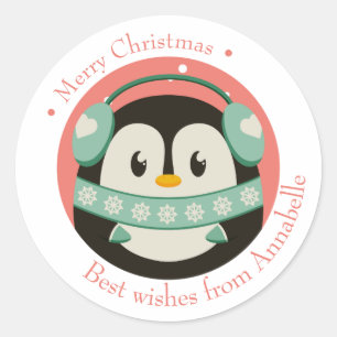 Frohe Weihnachten Geschenkaufkleber mit Pinguin Classic Round Sticker