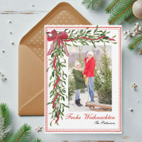 Frohe Weihnachten Mistletoe Red Bow Family Photo