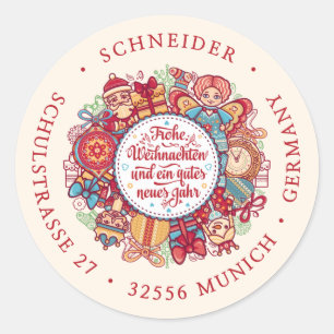 Frohe Weihnachten Wreath German Red Return Address Classic Round Sticker