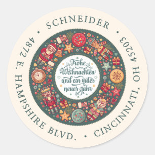 Frohe Weihnachten Wreath USA Green Return Address Classic Round Sticker