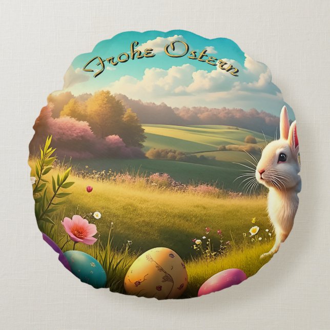 Fröhliche Ostern in einer Frühlingslandschaft Round Cushion (Front)