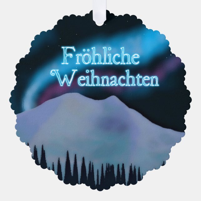 Fröhliche Weihnachten - Blue Aurora Tree Decoration Card (Front)