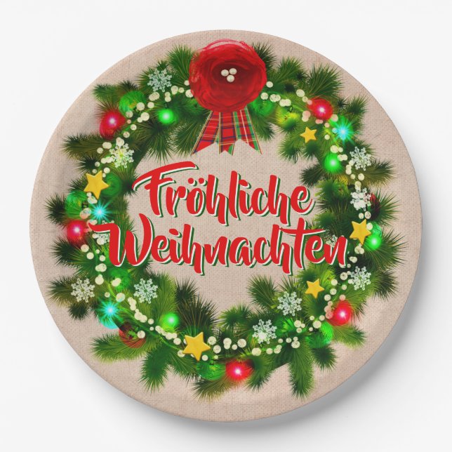 Fröhliche Weihnachten Christmas 9" Paper Plate (Front)