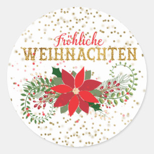Frohliche Weihnachten Gold Glitter Poinsettia Xmas Classic Round Sticker