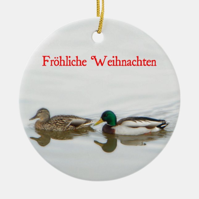 Frohliche Weihnachten - Mallards Ceramic Tree Decoration (Front)