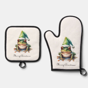 Frolic Christmas Frog, custom Oven Mitt & Pot Holder Set