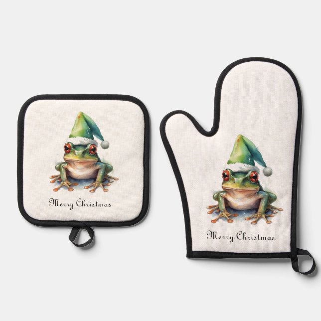 Frolic Christmas Frog, custom Oven Mitt & Pot Holder Set (Front)