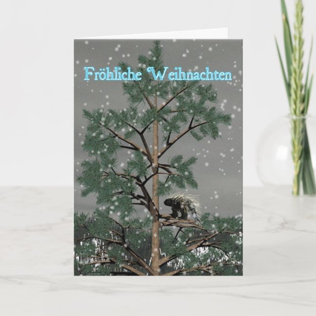 Froliche Weihnachten - Porcupine In A Pine Tree Holiday Card (Front)
