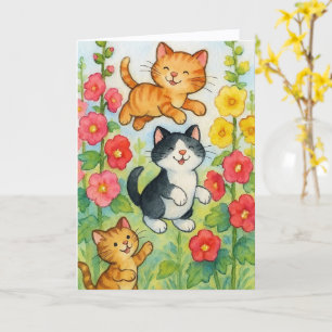 Frolicking Country Cats in Flower Garden Birthday Card