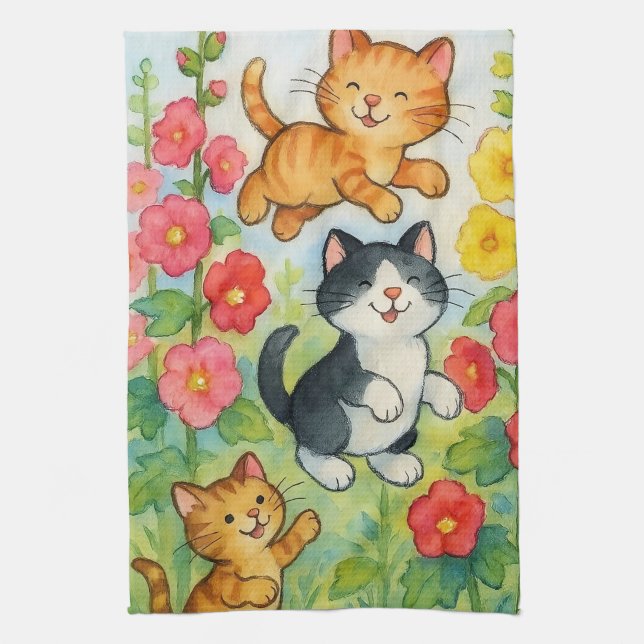 Frolicking Country Cats in Flower Garden Tea Towel (Vertical)