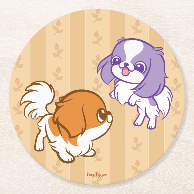 Frolicking Kawaii Puppies Japanese Chin Round Paper Coaster (Front)