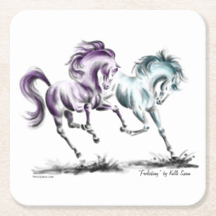 Frolicking Racing Wild Horses Square Paper Coaster