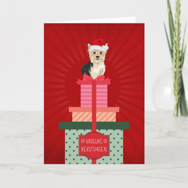 Frolijke Kerstdaagen Yorkie Hond Cadeautjes Kerst Holiday Card (Front)