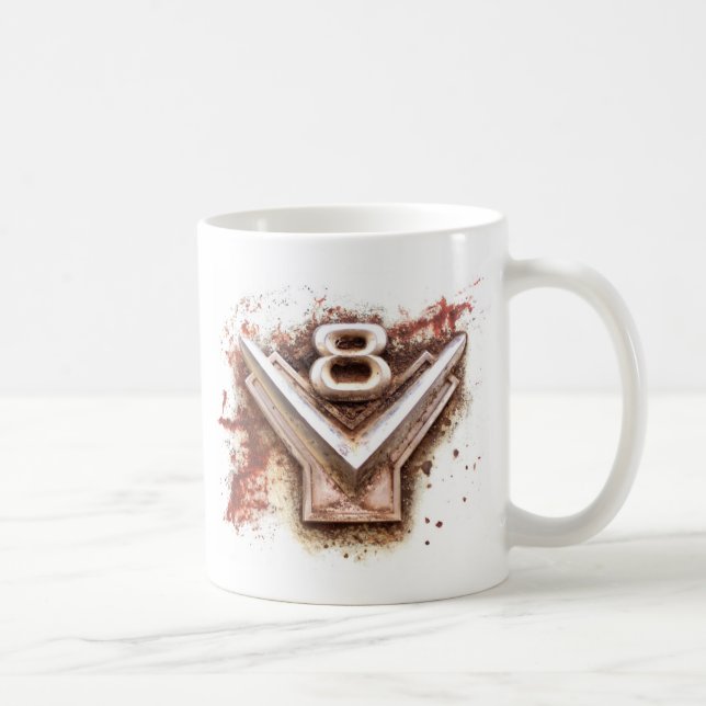 From classic car: Rusty old v8 emblem in chrome Coffee Mug (Right)