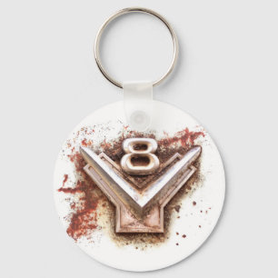 From classic car: Rusty old v8 emblem in chrome Key Ring