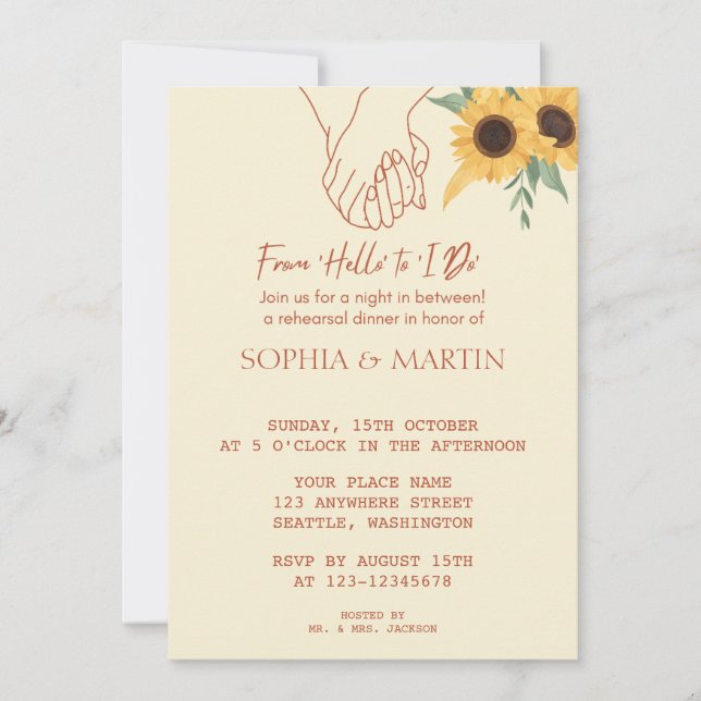 From ‘Hello’ to ‘I Do’ Rehearsal Dinner Invitation (Front)